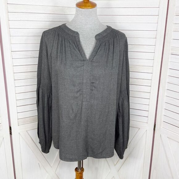 Loft V Neck Pop Over Boho Peasant Blouse Long Sleeve Denim Gray Small - Picture 1 of 12